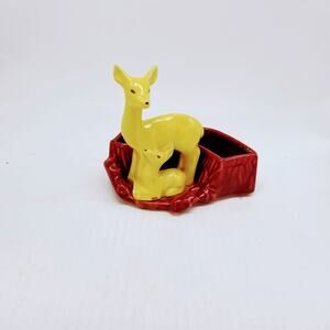 Vintage Shawnee Deer Planter 669, Doe & Fawn MCM Art Pottery, Yellow Burgundy